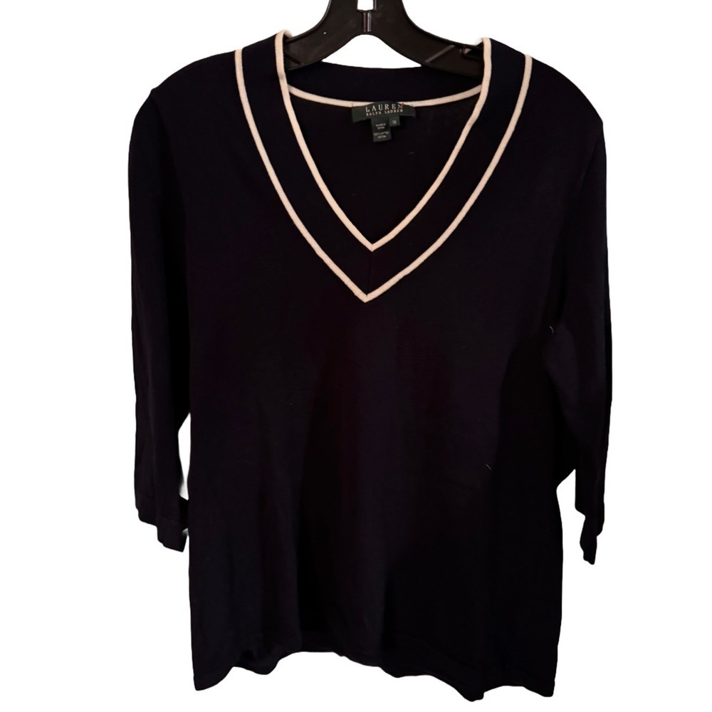 LaurenRalph Lauren Womens Pullover Sweater  Blue White V Neck Knit Cotton Sz 1X